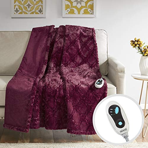 Beautyrest Brushed Long Fur Electric Throw Blanket Ogee Pattern Warm and Soft Heated Wrap with Auto Shutoff, 50" W x 60" L, Bu