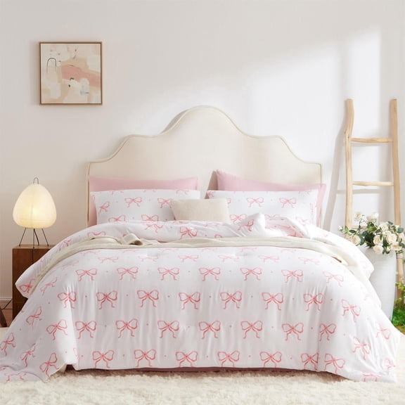 3 Pieces Cartoon Bowknot Comforter Set Pink Bow Tie Knot on White Princess Bedding Set Queen Comforter Set Girls Teens Gentle Lightweight Bedding Sets