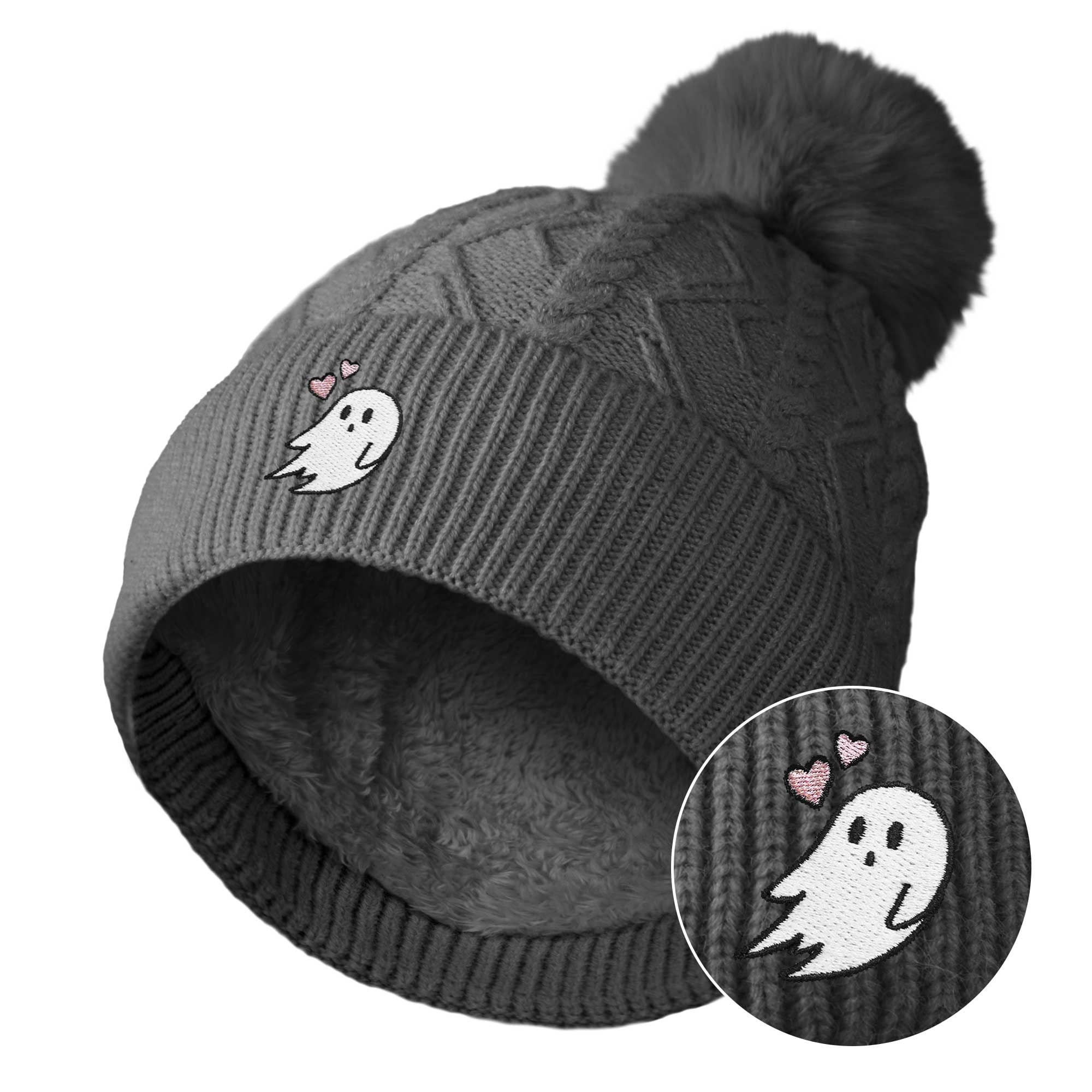 Dalix Heartly Ghost Cable Knit Pom Beanie Soft Stretch Skully Warm Fuzzy Faux Sherpa Winter Ski Beanie in Charcoal Gray