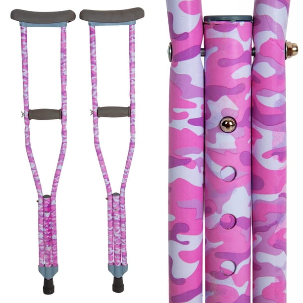 Mis Muletas - Muletas juveniles de diseño moderno para niños y adolescentes con empuñadura y longitud ajustables - Camuflaje rosa - Para estaturas de 1,45 a 1,55 m - Fabricadas en aluminio ligero y du