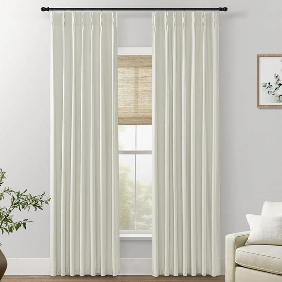 AIR-108 Inch Floor to Ceiling Curtains for Bedroom Living Room Black Out Curtains 2 Panels Greyish Off White Linen Pinch Pleat Curtains Insulated