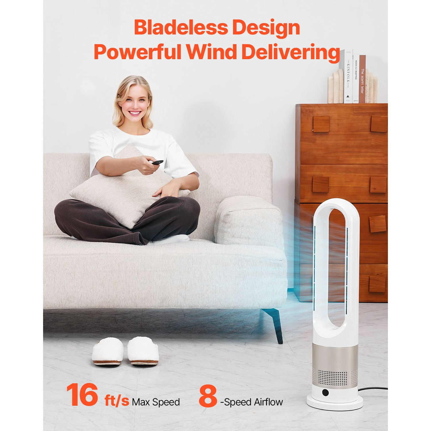 Bladeless Tower Fan with 8 Speeds, 3 Heat Levels, 80° Oscillation, 9H Timer, Remote Control, for Bedroom Office Home