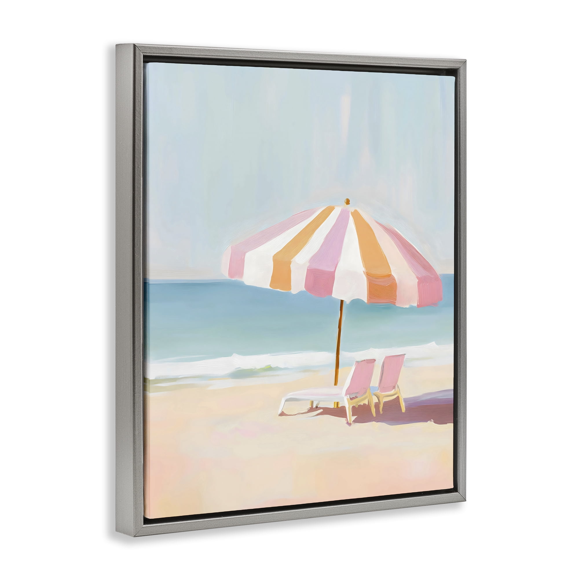 Stupell Industries Striped Umbrella & Chairs Gray Framed Floater Canvas Wall Art, design by The Prints Vibe