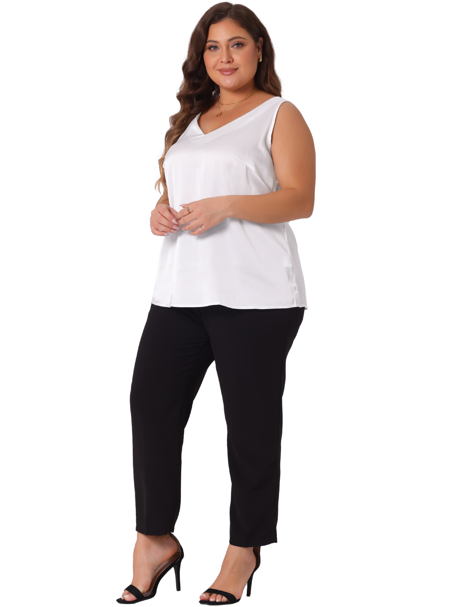 DARING DIVA Women's Plus Casual Silk Satin Tank Top V Neck Cami Blouse 2X White
