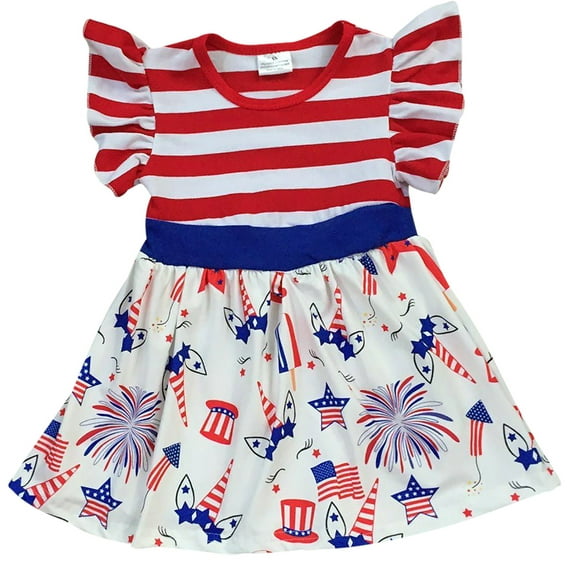 Toddler Girls Lovely Stripe Unicorn Patriotic Firework Birthday Party Girl Dress Red 2T XS (P501368P)