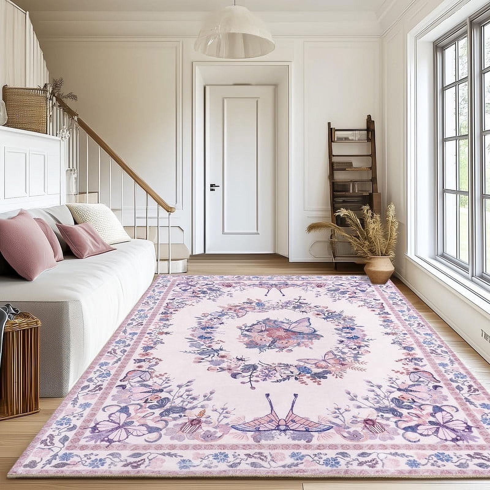 Butterfly Print Washable Pink Area Rug 4x6 for Living Room Bedroom Girls Room Nursery, Non-Slip & Stain Resistant Modern Indoor Dining Room Carpet, Soft Cozy Low Pile Throw Rugs with Rubber Backing