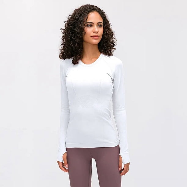 Camisas de Yoga sin costuras para mujer, Top corto de manga larga, ropa de gimnasio, camisetas de entrenamiento con realce, deportes