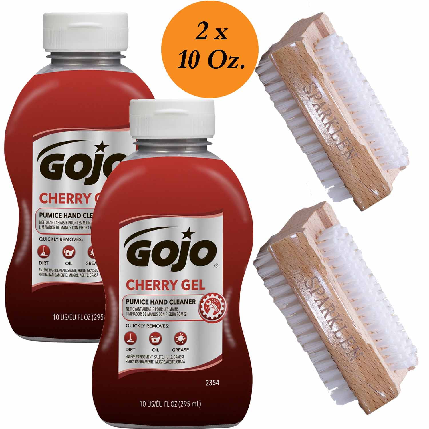 GOJO Cherry Gel Pumice Hand Cleaner 2 bottles 10 OZ ea + 2 Sparklen Nail  Brushes