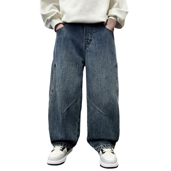 Teen Boys Wide Leg Baggy Jeans Soft Elastic Waist Denim Pants Kids Vintage Casual Straight Leg Trousers Youth Husky Jeans
