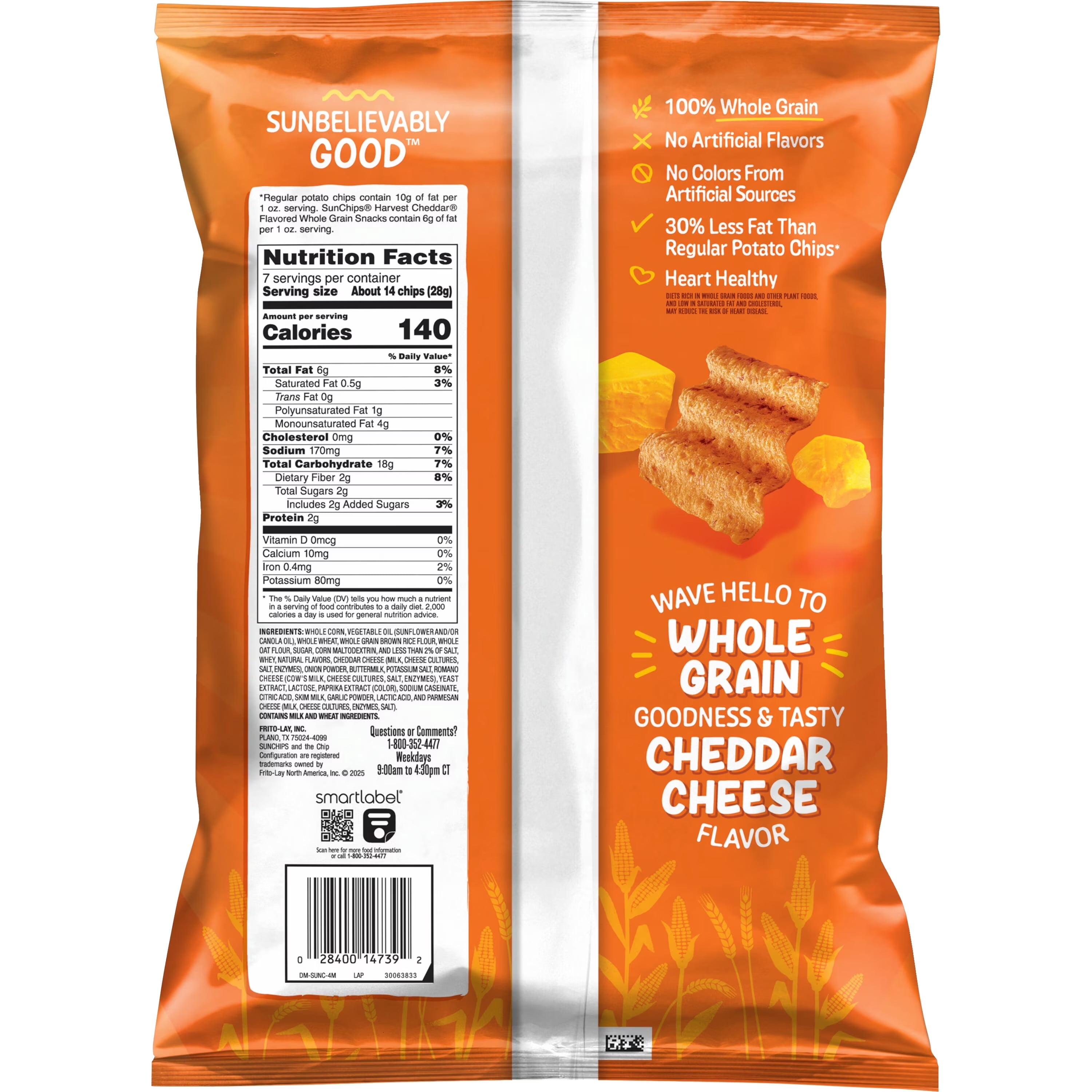 SunChips 100% Whole Grain Harvest Cheddar Snack Chips Bag, 7 oz​