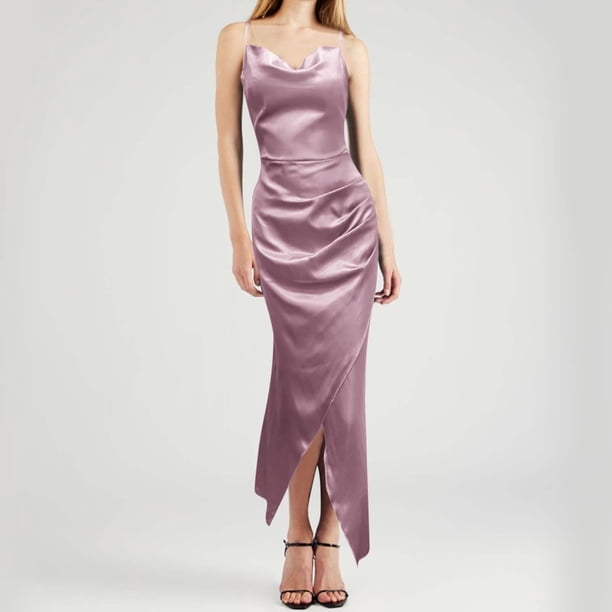 WILLBEST Vestidos De Lino Para Mujer Nuevo Estilo De Chica Belleza De Corte Bajo De Satén Con Abertura Y Tirantes Delgados Sin Espalda