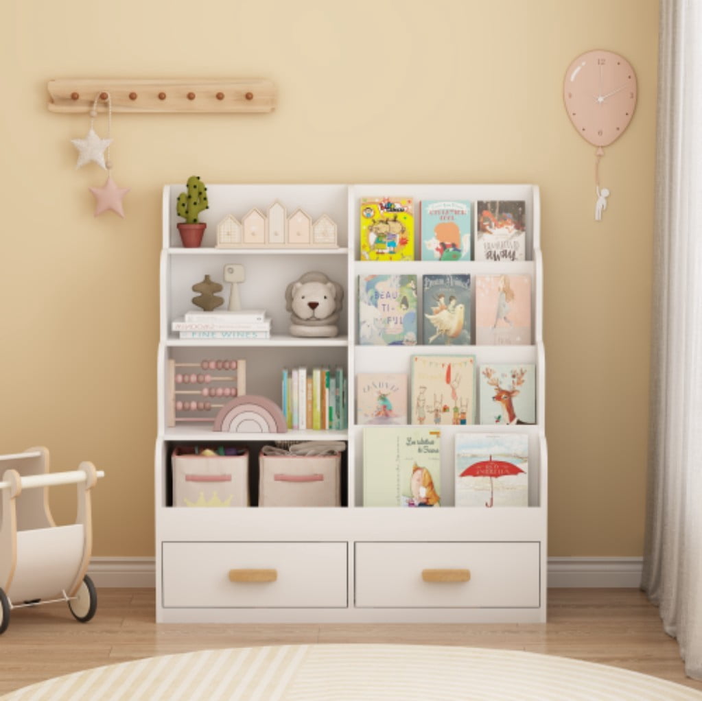 Kids Bookshelf with 2 Storage Drawers, Front-Facing Children's Bookcase & Toy Organizer, Multi-Tier Wooden Reading Shelf for Toddlers, Nursery, Playroom & Bedroom, White