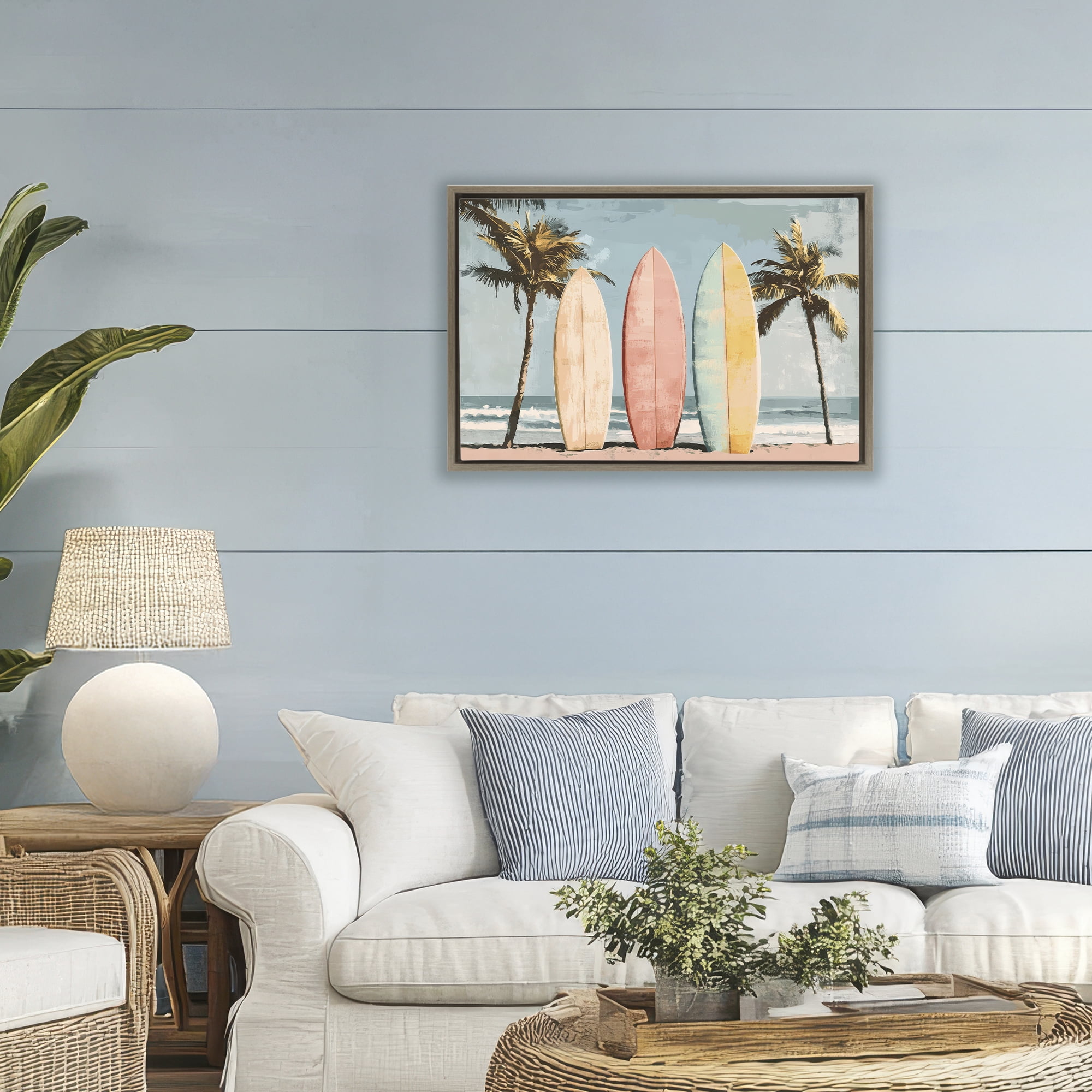 Stupell Industries Paradise Surfboard Trio Brown Framed Floater Canvas Wall Art, design by Petal Prints Design