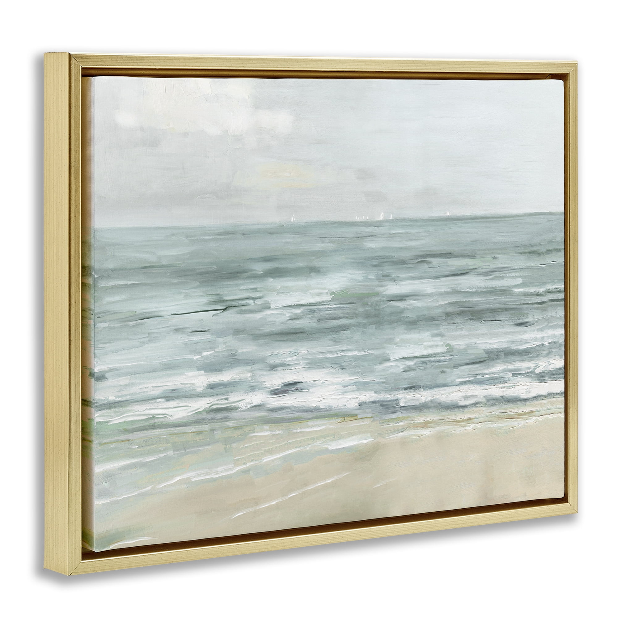 Stupell Industries Brushed Beach Waves Landscape Painting Gold Floater Framed Canvas Art Print Wall Art, 21 x 17