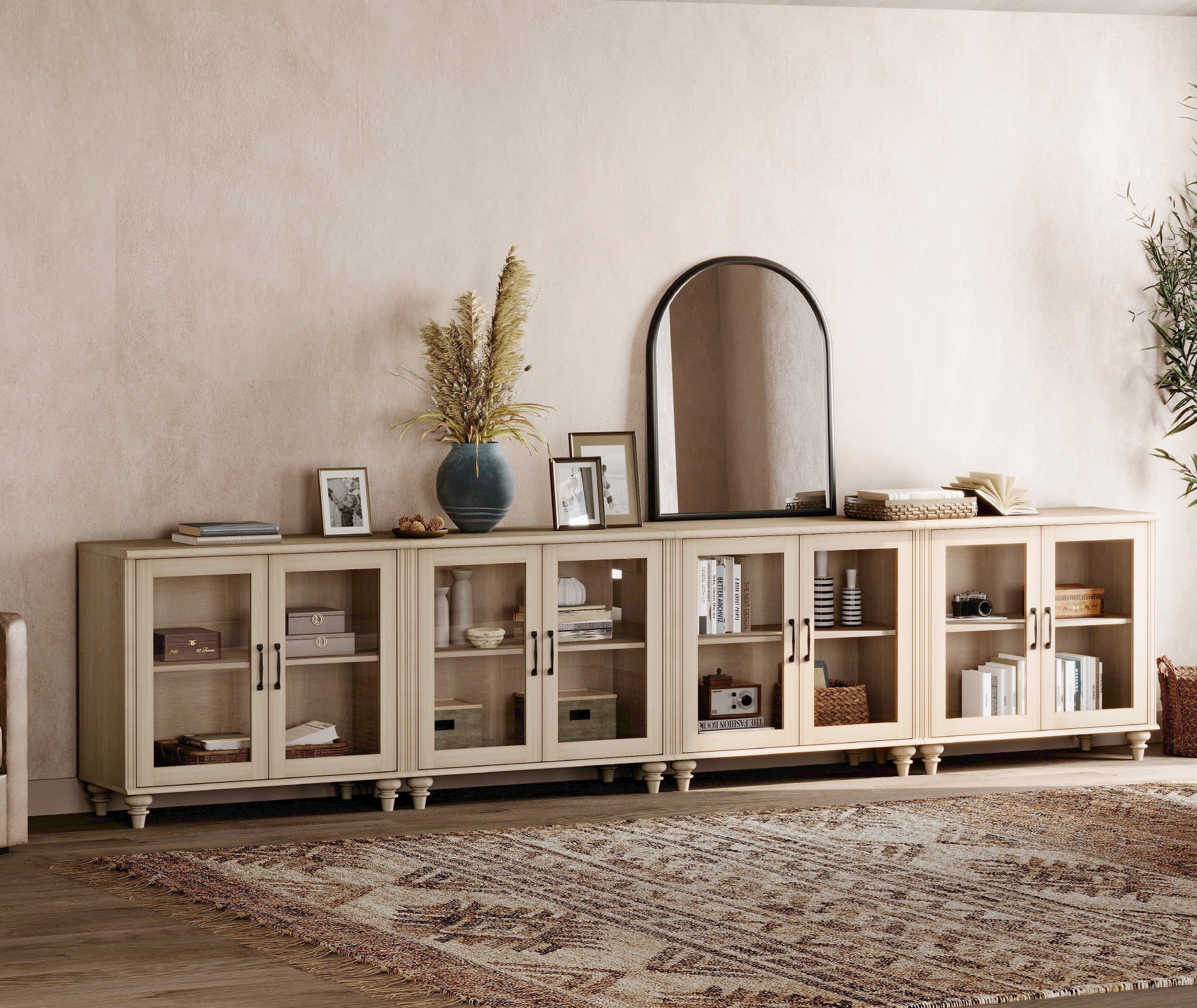 100" TV Stand, Ample Storage Cabinet with 8 Glass Doors, Wooden Entertainment Center Storage Cabinet for Living Room or Dining Room or Bedroom, Beige