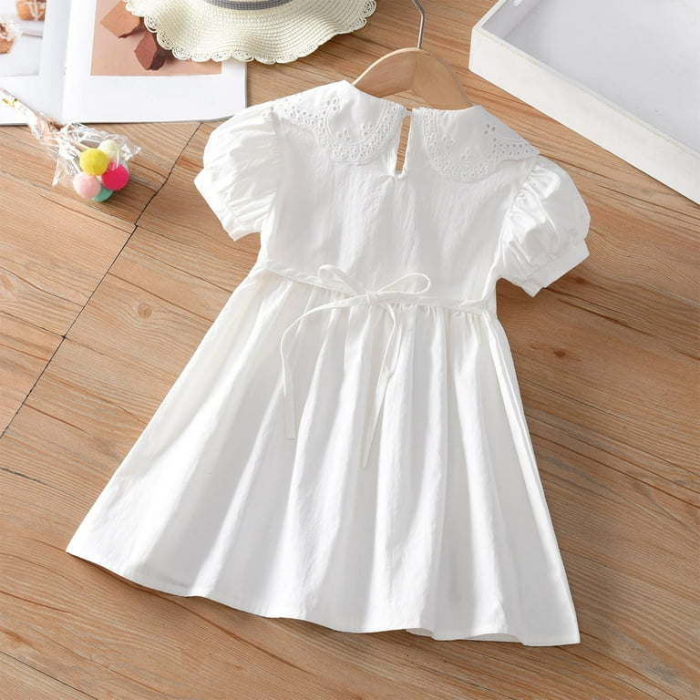 Hrsba Kids Summer Dress,Casual Dress for Girls,Girls' Dress Princess Dress Short Sleeved Lapel Dress,Casual Sleeveless Dress for Girls,White ,6 Years,
