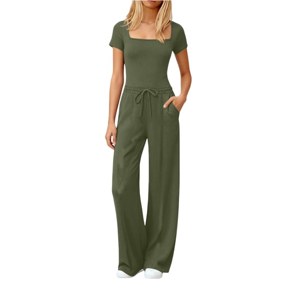 Womenās Short Sleeve Square Neck Jumpsuit with Drawstring Waist and Wide Leg Design for Everyday Wear and Comfort