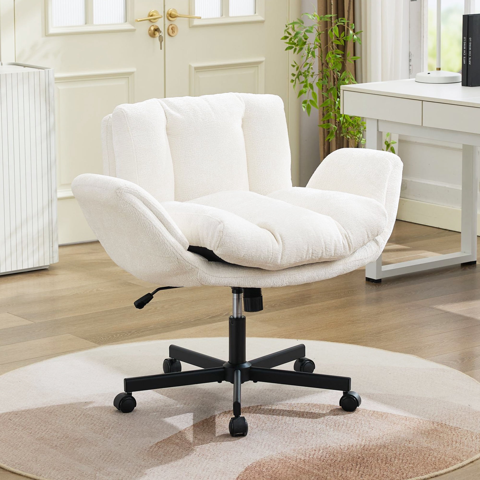 PORKISS Criss Cross Office Chair with Wheels and Foldable Arms, Wide Seat Chenille Swivel Desk Chair, Height Adjustable Vanity Chair for Home Office Bedroom, Beige