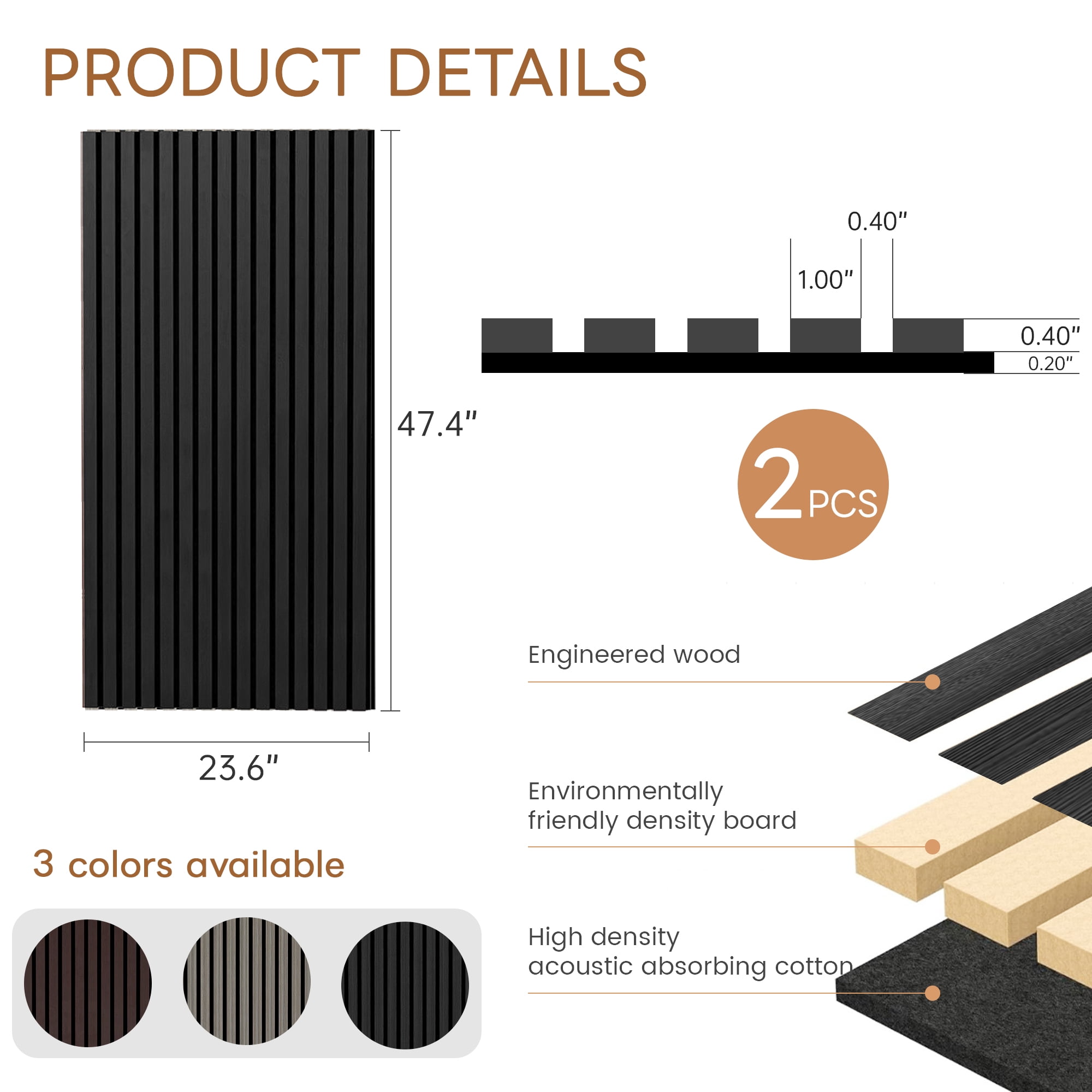 Melocadol 2Pcs Sound Proof Wood Slat Panels, 47.4" x 23.6" Acoustic Wall Panels for Interior Wall Decor Noise Cancelling, Sound Absorbing Panel, Easy to Install, Black