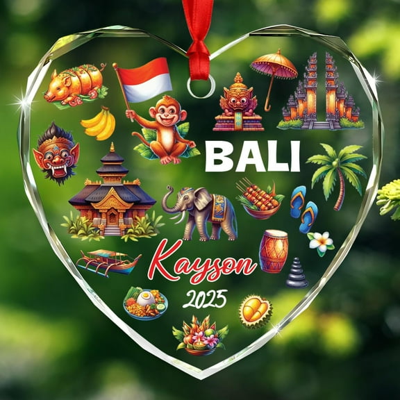 Bali Travel Souvenir Glass Ornament Xmas 2025, Personalized Bali Cityscape Landmarks Ornament Gift for Grandson Granddaughter Daddy Mommy, Custom Year/Name Traveller Tree Hanging Decor Ornaments