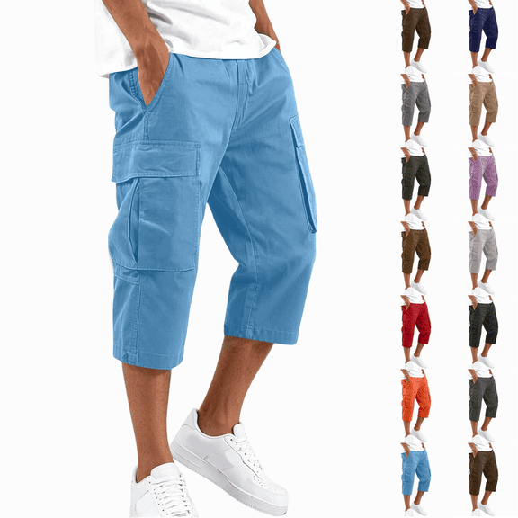 Mens 3/4 Long Cargo Shorts Loose Fit Elastic Work Capri Shorts Below Knee Casual with Multi Pockets Sky Blue 4XL