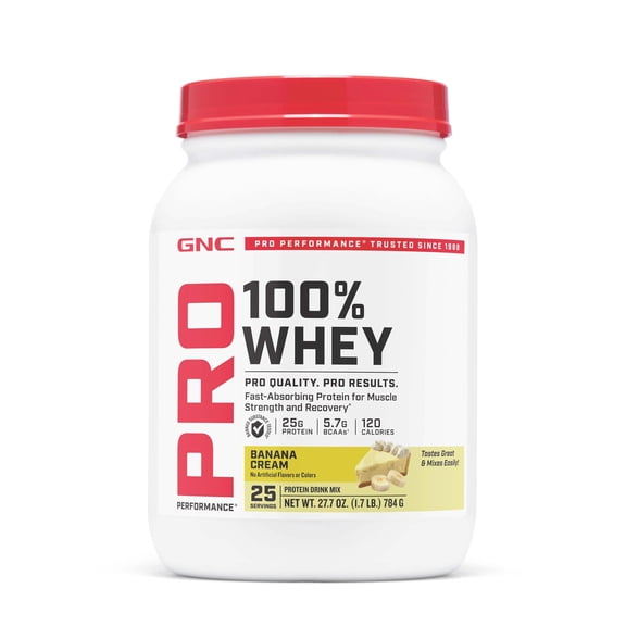 GNC Pro Performance 100% Whey Protein Powder, Fast Absorbing Protein, Muscle Strength and Recovery, Banana Cream, 25 Servings
