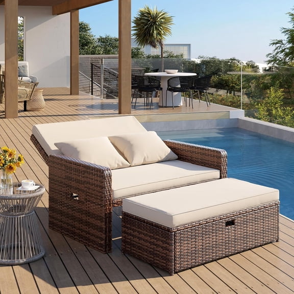 UDPATIO Wicker Patio Outdoor Daybed, Outdoor Chaise Lounger w/ 4-Level Adjustable Backrest, Storage Ottoman for Balcony, Garden, Poolside(Beige)