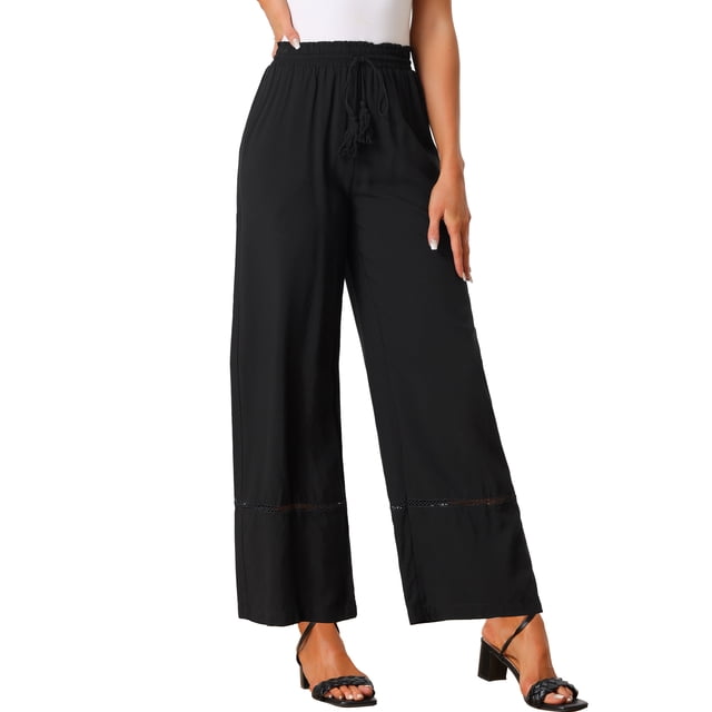 Pantalones de pierna ancha para mujer INSPIRE CHIC con cordón elástico en la cintura alta, estilo boho palazzo con bolsillos, talla XL, color negro