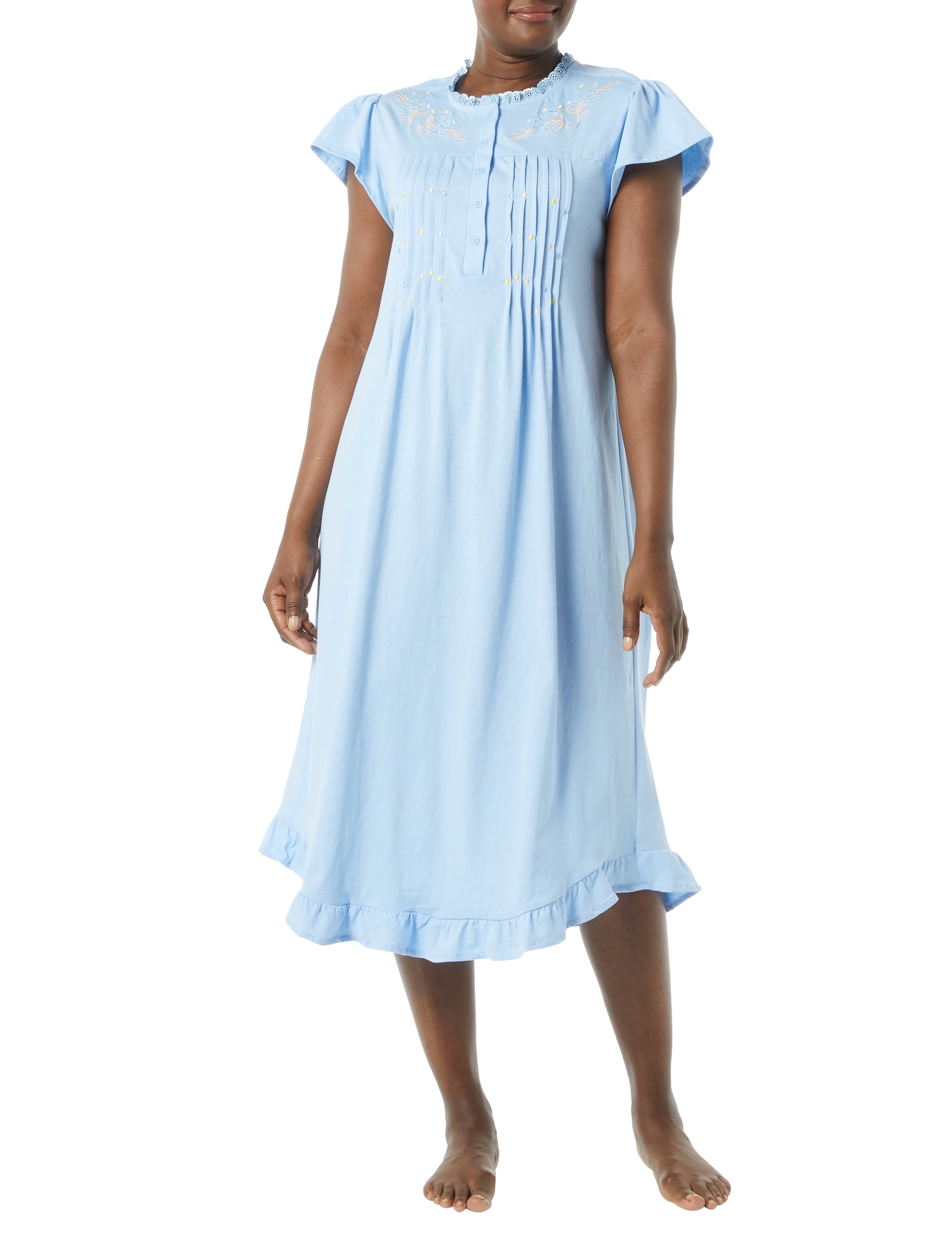 AmeriMark Women's Embroidered Knit Night Gown Long Partial Button Front Dress Wave Blue - Mid Calf Lg, Size: Large Misses