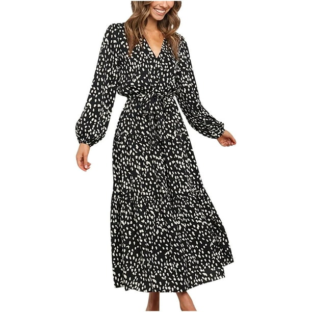 Vestido largo de manga larga con cordones y cuello en V con estampado informal para mujer a la moda Fridja NMB4712