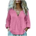 thumbnail image 4 of Endives Cotton Linen Shirts For Women V Neck Long Sleeve T Shirt Tee Casual Thin Breathable Blouses Summer Vacation Tops Pink, 4 of 6