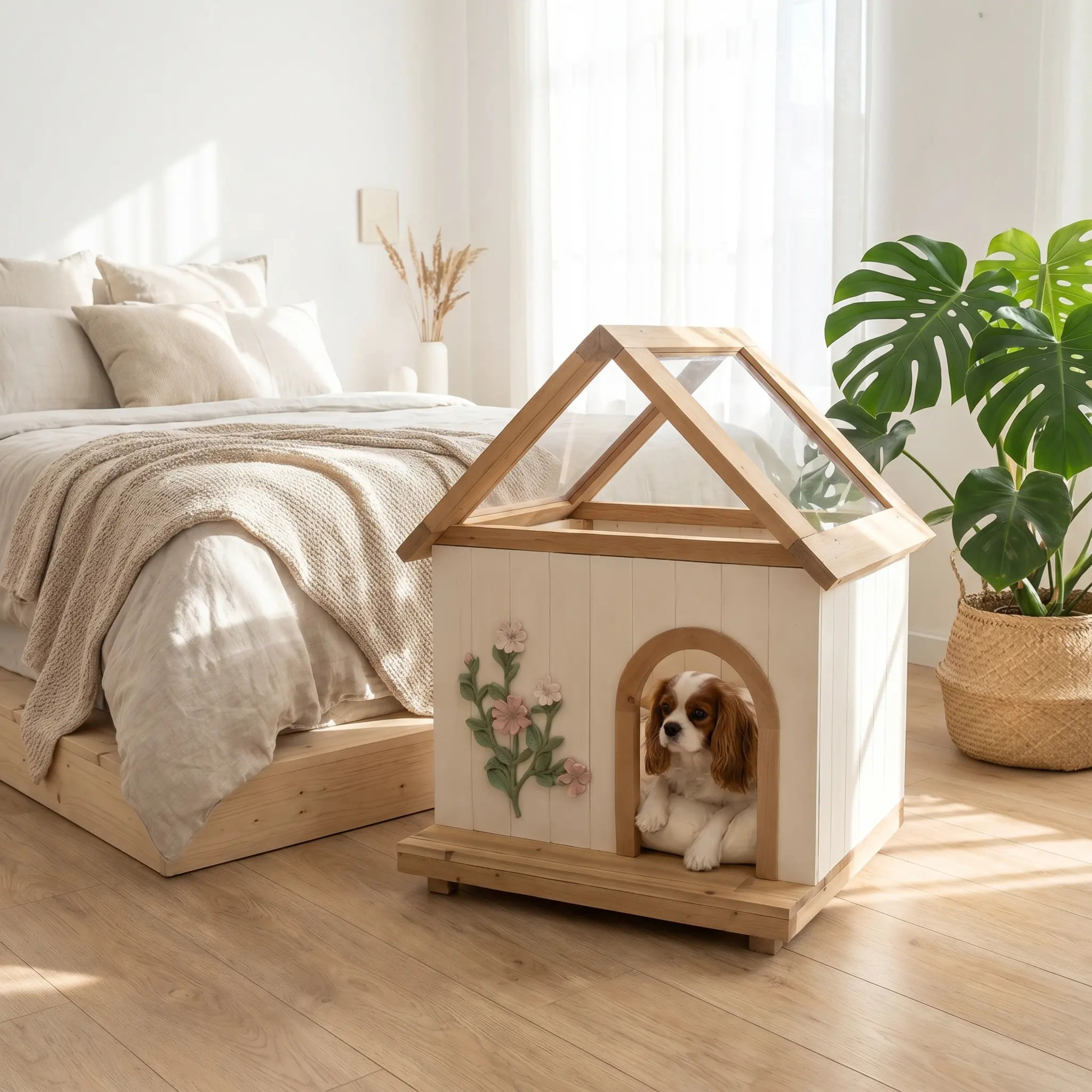 Premium Natural Cedar Pet House – Acrylic Sunroof, Floral Carved Cat Furniture, Luxury Indoor/Semi-Outdoor Dog Shelter for Small Dogs & Cats