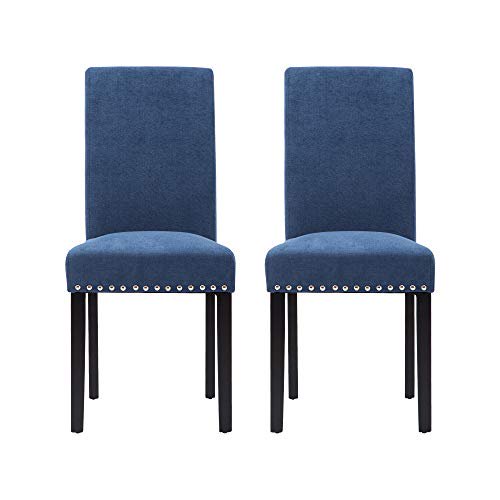 LSSPAID Chaise de Salle à Manger Rembourrée Parsons avec Pieds en Bois Poli Clouté Bleu Ensemble de 2