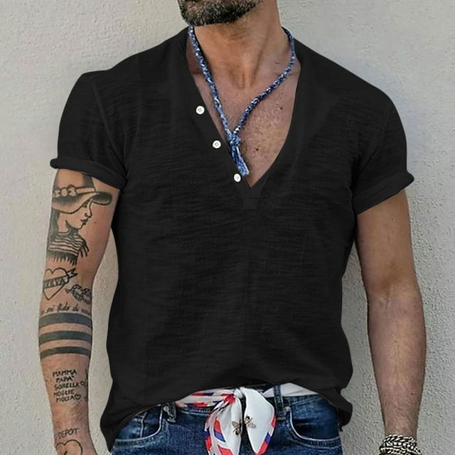 Chemises pour Hommes, Chemise de Sport à Manches Courtes, Col Rond, Boutons, Couleur Unie