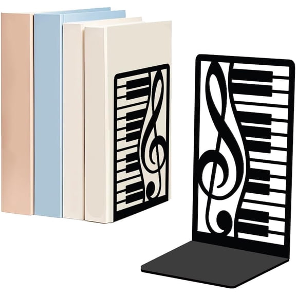 1 Pair Piano Musical Notes Metal Decorative Bookend for Shelves Heavy Duty Book Ends Non-Skid Books Holder Stand Black Book Support Stoppers
