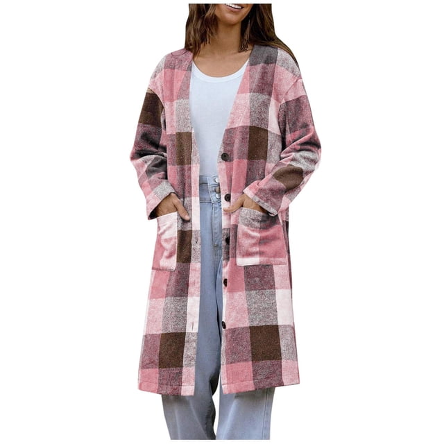 RXMEKW Plaid Wool Blend Coat With Button Front And Pockets for Women, Longline Cardigan Jacket, Brown