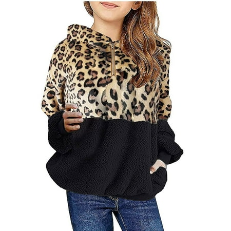

Winter Savings! YYDGH Girls Fuzzy Fleece Pullover Hoodies Sweatshirt Casual Loose Colorblock Zipper Outwear Winter Warm Coat with Pockets (Brown&Black 5-6 Years)