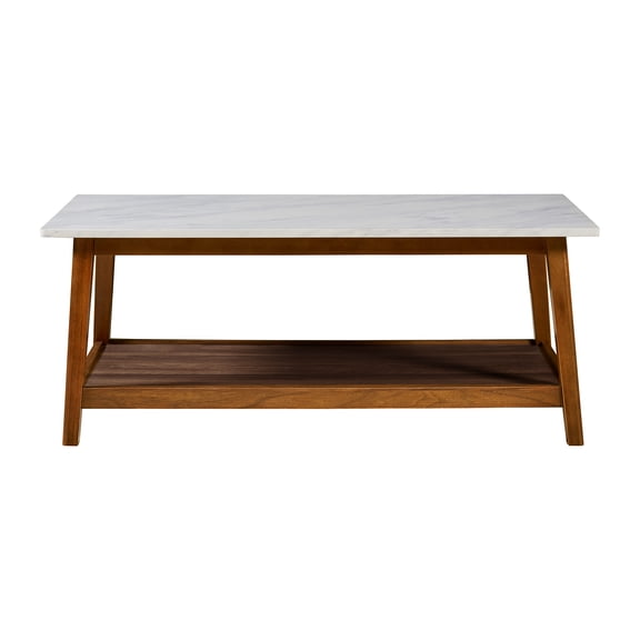 Teamson Home Kingston Wood Coffee Table with Open Shelf Storage and Faux Marble Top, Walnut