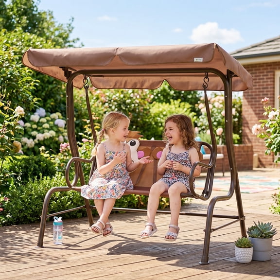 Outsunny Kids Patio Swing, Adjustable Canopy Swing Glider, Kids Outdoor Swing Chair with 2 Seats, Seat-Belted Safety, Coffee Brown, for Ages 3-6