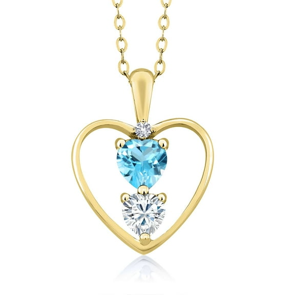 18K Yellow Gold Plated Silver Swiss Blue Topaz White Moissanite and White Created Sapphire Pendant Necklace for Women (0.79 Cttw, Gemstone Birthstone, Heart 5MM and 4MM, with 18 inch Silver Chain)