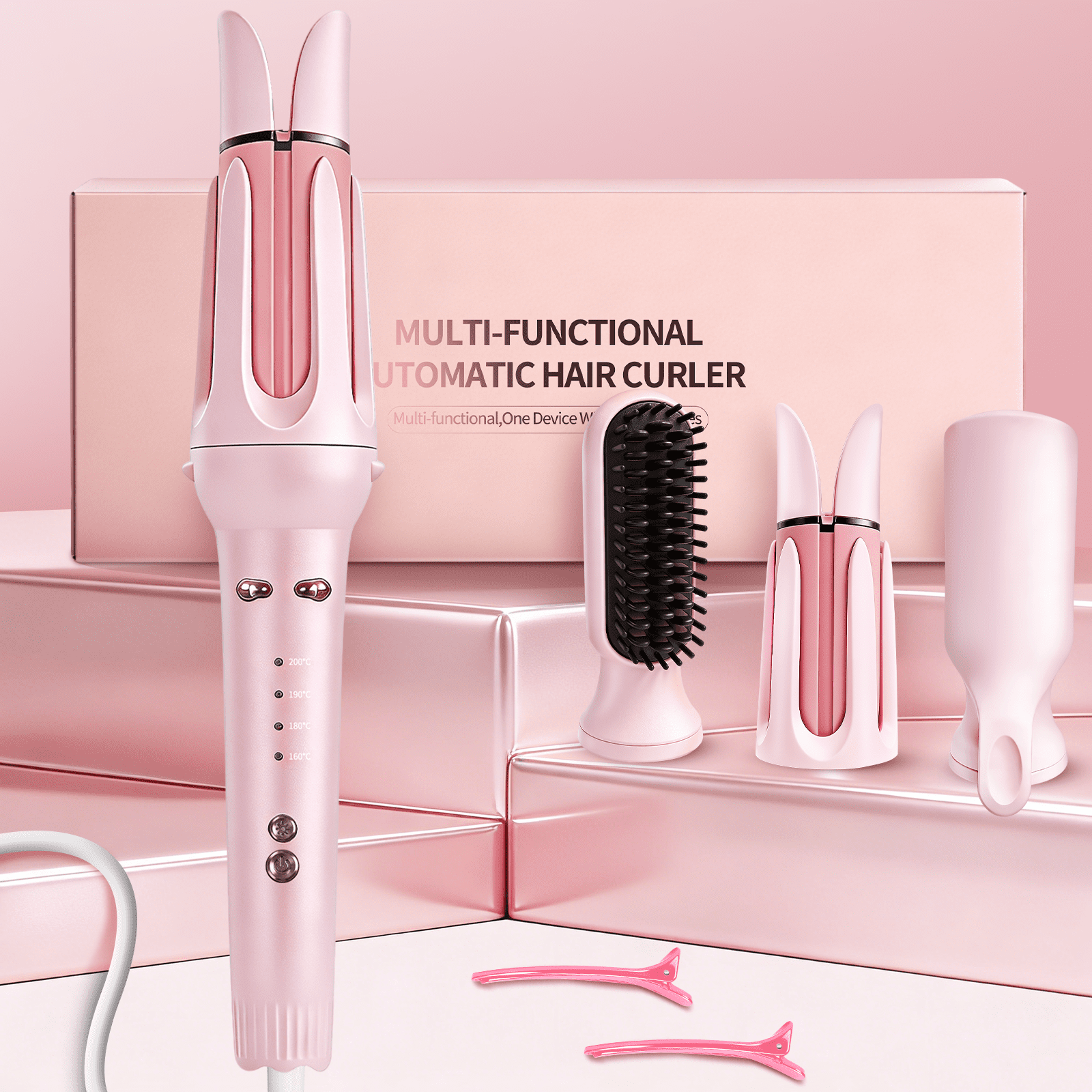 3-in-1 Auto Rotating Curling Iron with Waver & Straightener Brush, Anti-Scald Hair Styler Pink