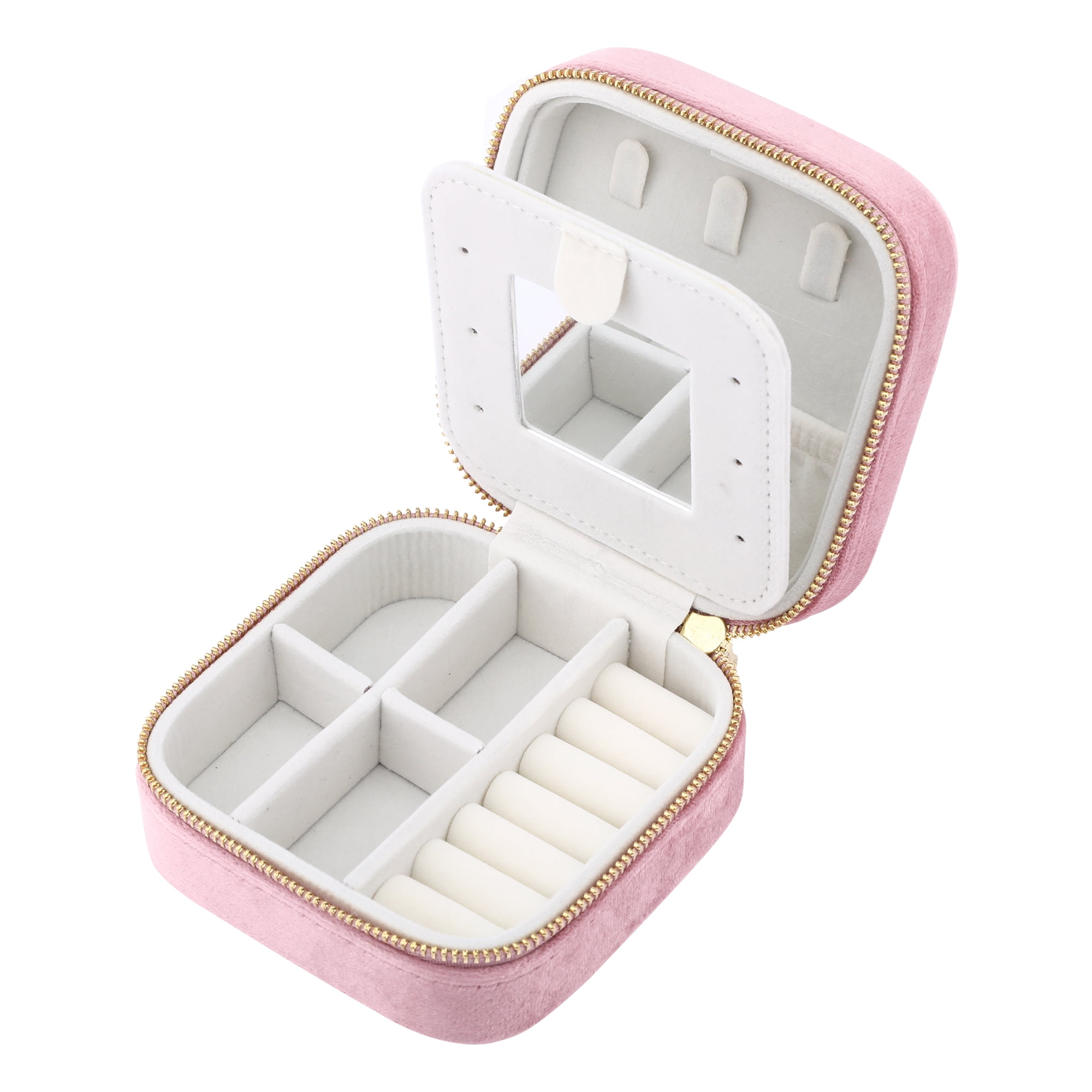 Unique Bargains Velvet Portable PU Leather Organizer Jewelry Box with Mirror Pink