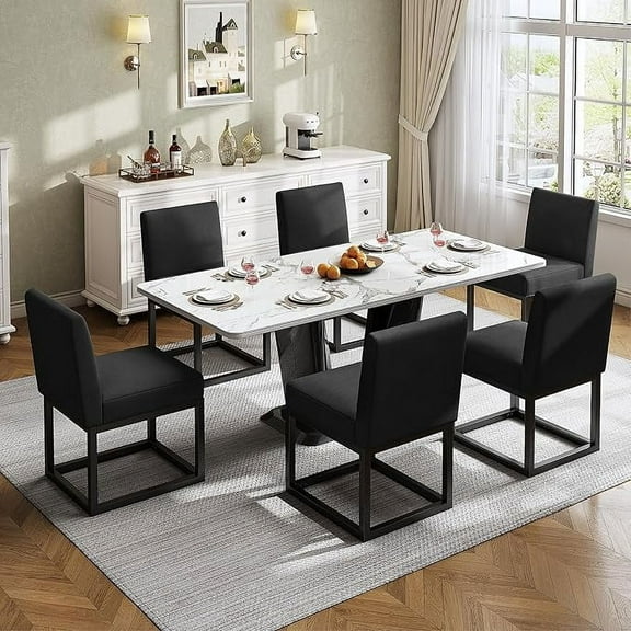 Merluxy Mid Century Linen Dining Chairs Set of 6, Modern Upholstered Dinner Chairs with Metal Frame for Restaurant, Dining Room, Kitchen, Black Padded Chairs