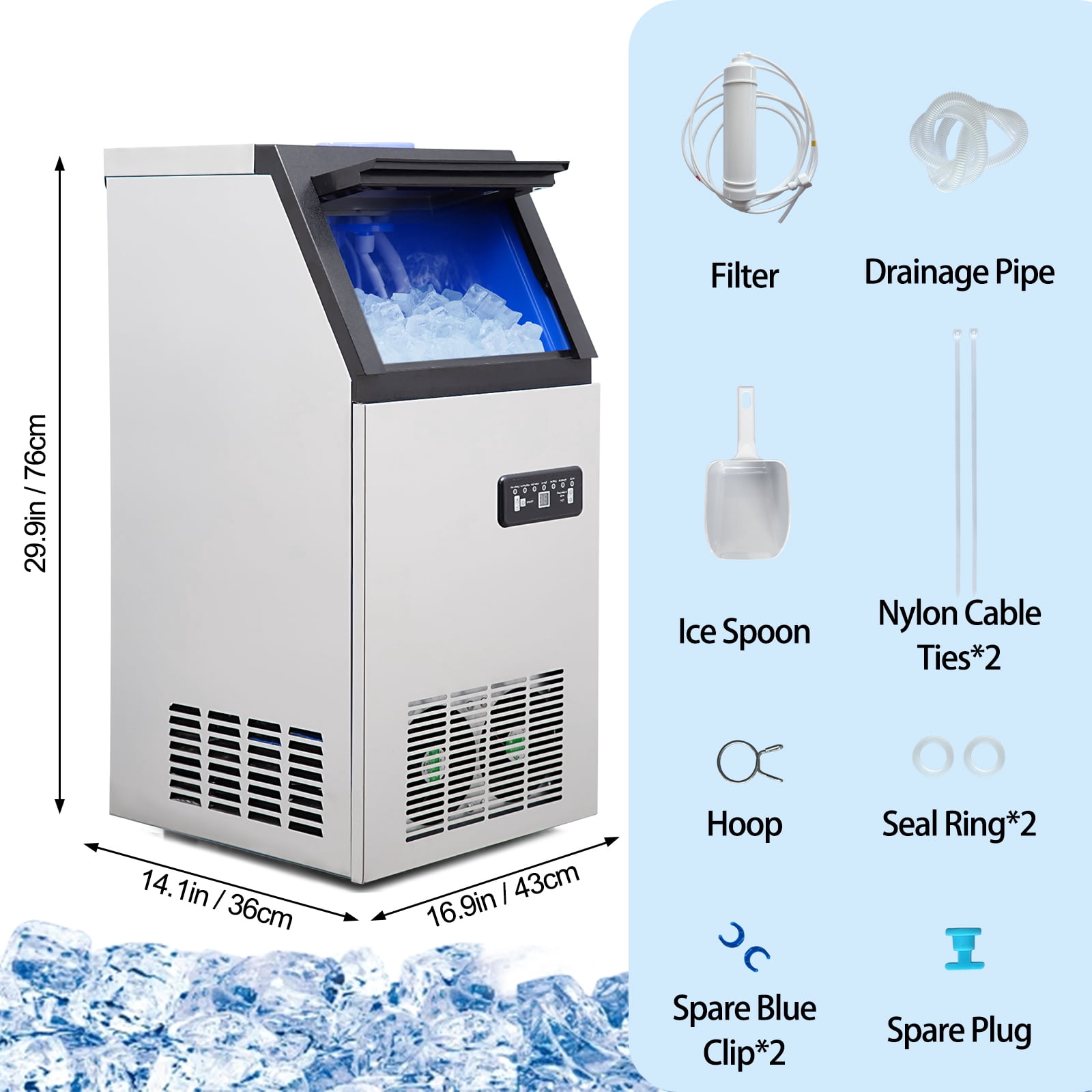 Commercial Ice Maker Machine, 100/120/130LBS/24H Stainless Steel Under Counter Ice Maker with 24lbs Ice Storage Capacity, 15 Quick Ice Dispensing, for Restaurant, Home, Bars, Coffee Shop