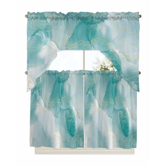 Marble Aqua, Kitchen Curtains Swag Valance and Tier Curtains Set 36 Inch Length, Gradient Gold Aesthetics Abstract Minimalist Art Rod Pocket Drape Panels Pair Swag Curtains for Bathroom/Cafe/Window
