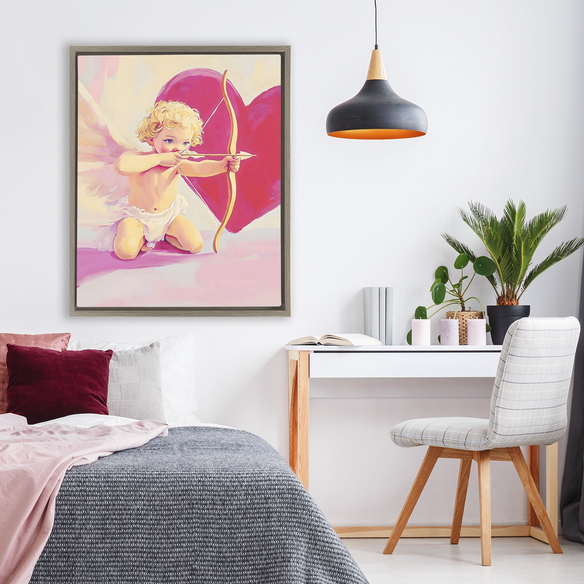 Stupell Industries Cupid Shooting Arrow with Heart Brown Framed Floater Canvas Wall Art, design by The Prints Vibe