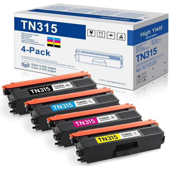 TN-315 BK/C/M/Y High Yield Toner Cartridge 4 Pack Compatible Replacement for Brother TN-315 HL-4150CDN HL-4140CW HL-4570CDW HL-4570CDWT MFC-9640CDN MFC-9650CDW MFC-9970CDW Printer
