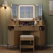 48'' Modern Vanity Desk with HD Triple Mirror & Lights, Large Corner Vanity Table with Glass Top, Charging Station, Large 6 Drawers Makeup Table, for Bedroom or Dorm, Oak