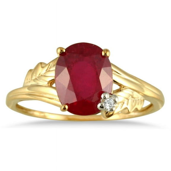 SZUL Women's 2.50 Carat Oval Ruby and Diamond leaf Ring in 10K Yellow Gold
