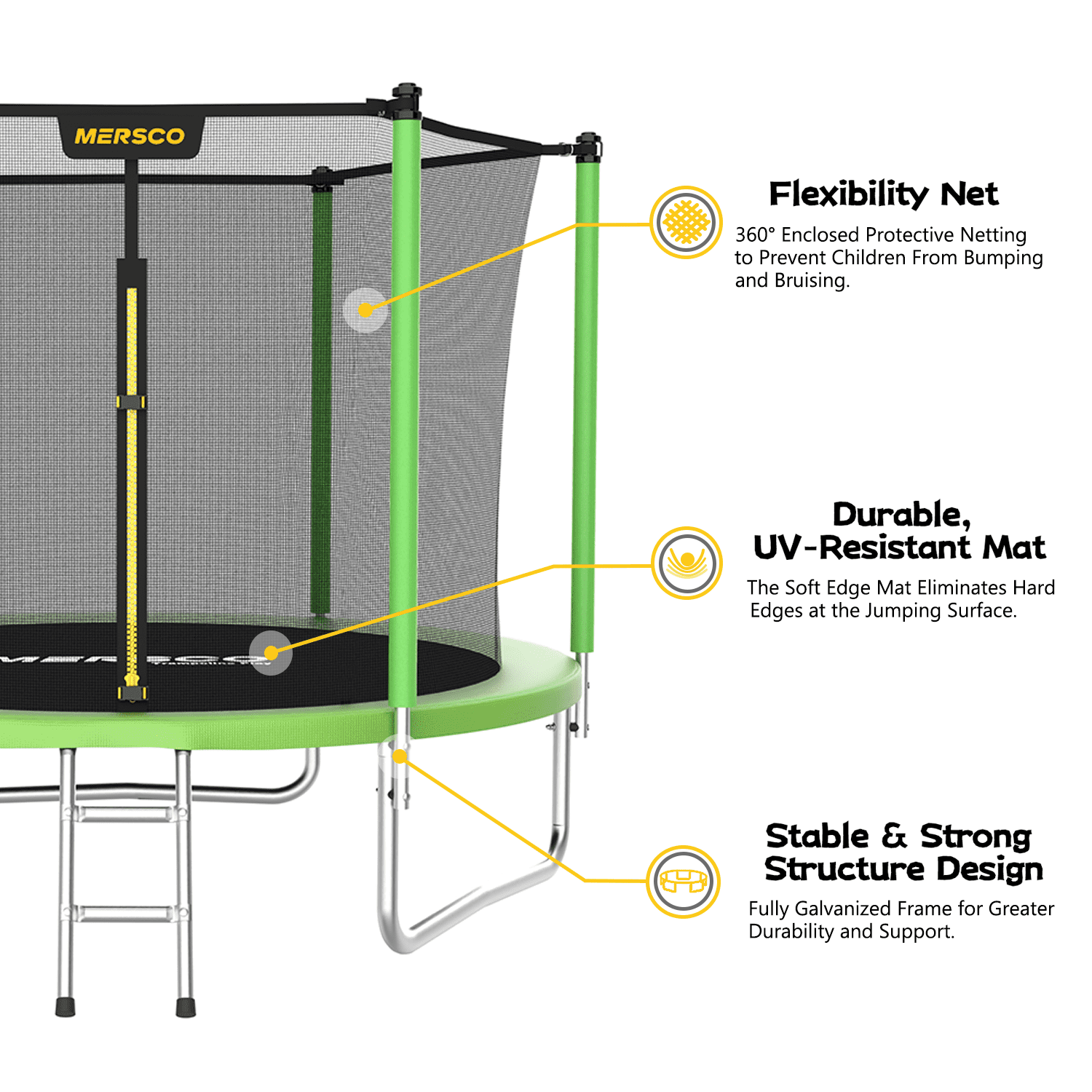 Mersco 8ft Trampoline for Kids and Adults,Outdoor Trampoline with Enclosure,Ladder,Upright-Poled Backyard Trampoline PLAY for Family Fun,Jumping Trampoline for Birthday Gift,Green